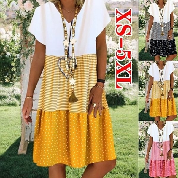 Women's Fashion Plus Size Casual Short Sleeve Loose Summer Print V-neck Dress - BlackFridayBuys