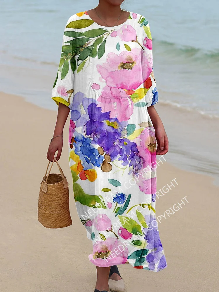 Womens Watercolor Elegant Floral Pattern Pocket Resort Style Cotton Dress