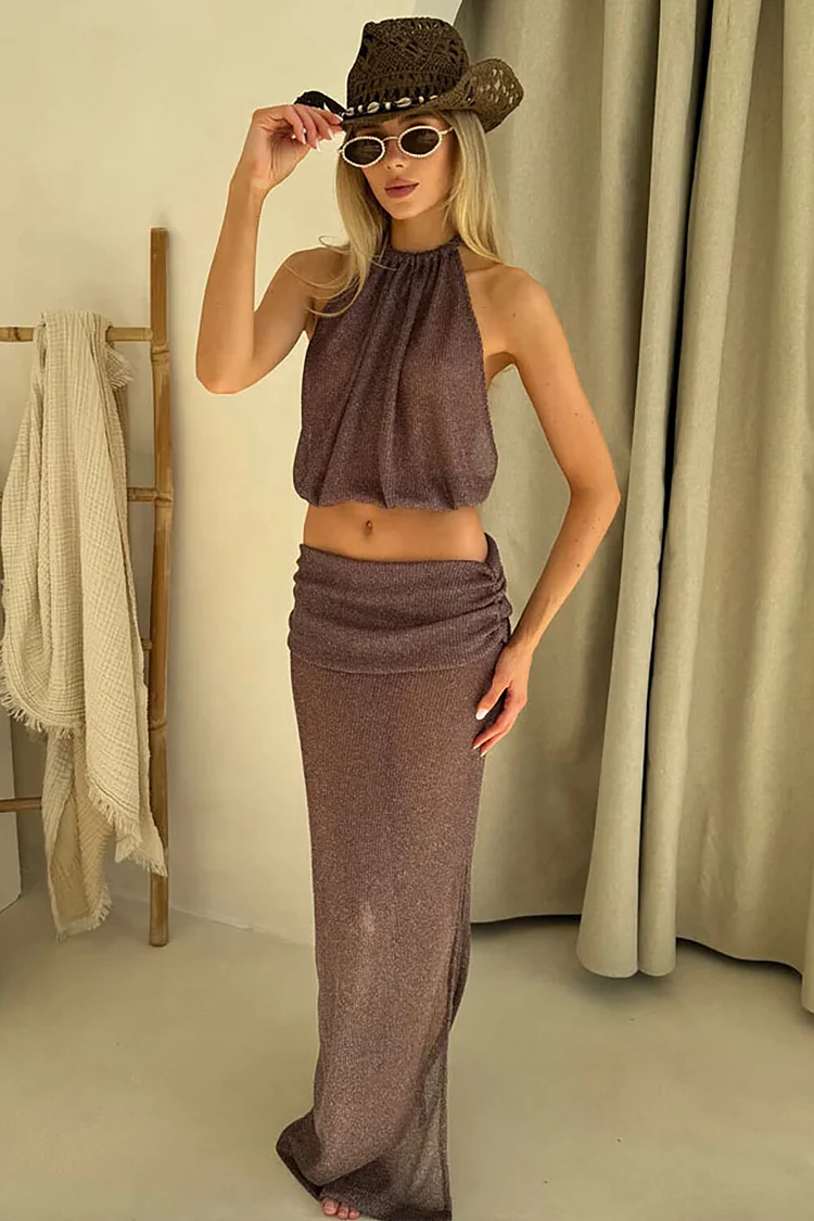 Knit Halter Crop Top Solid Color Ruched Fitted Slit Maxi Skirt 2pcs Set-Blue