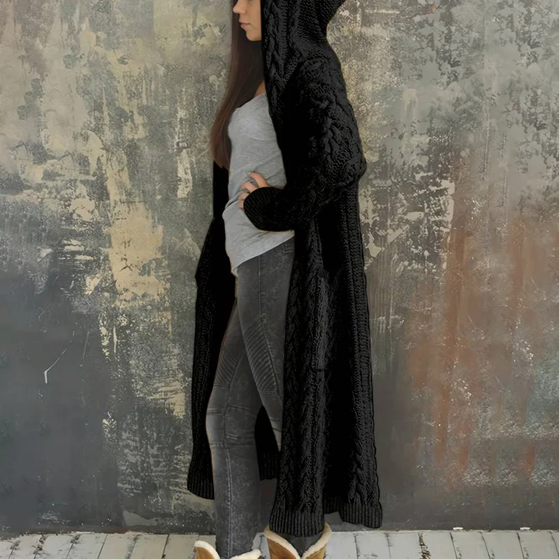 Women'S Solid Color Hooded Knitted Cardigan