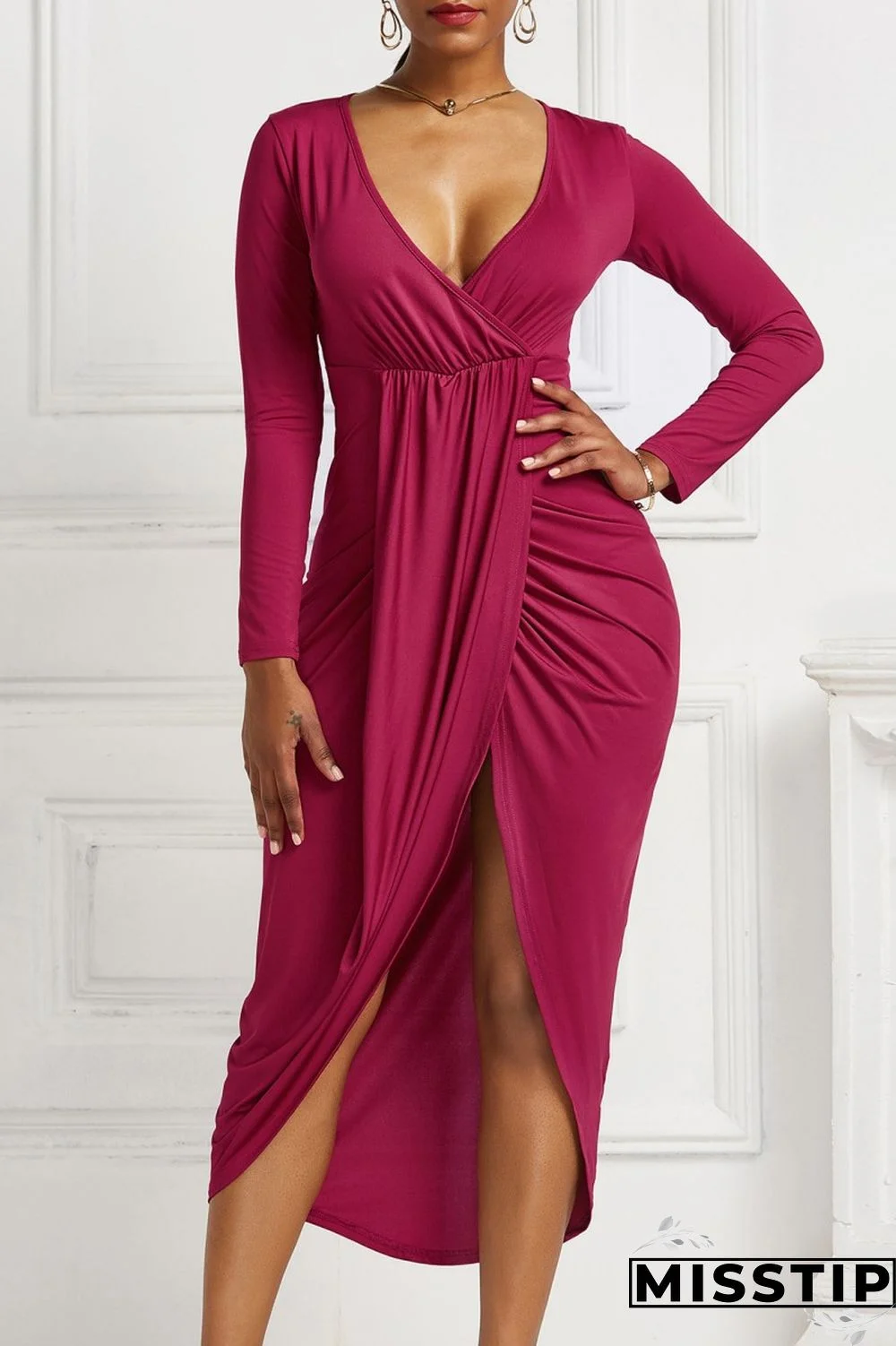 Ink Green Casual Solid Patchwork V Neck Long Sleeve Dresses