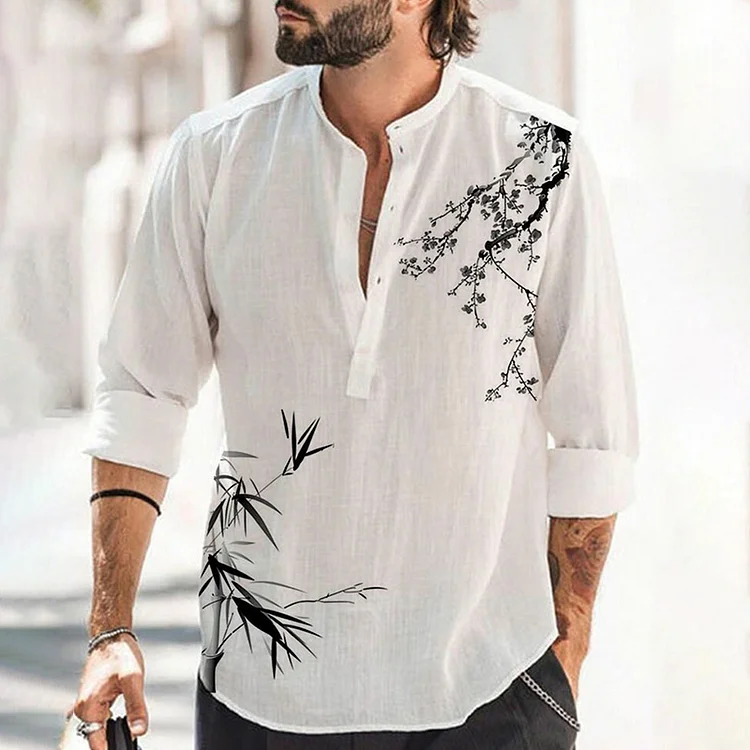 Mens Floral Bamboo Ink Print Linen Half Button Henley Shirts