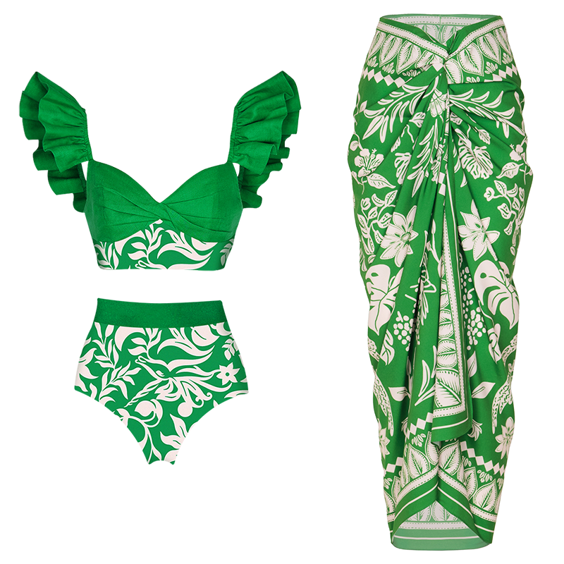 Ruffle Green Bikini Swimsuit and Sarong Flaxmaker(Shipped on June 30th)