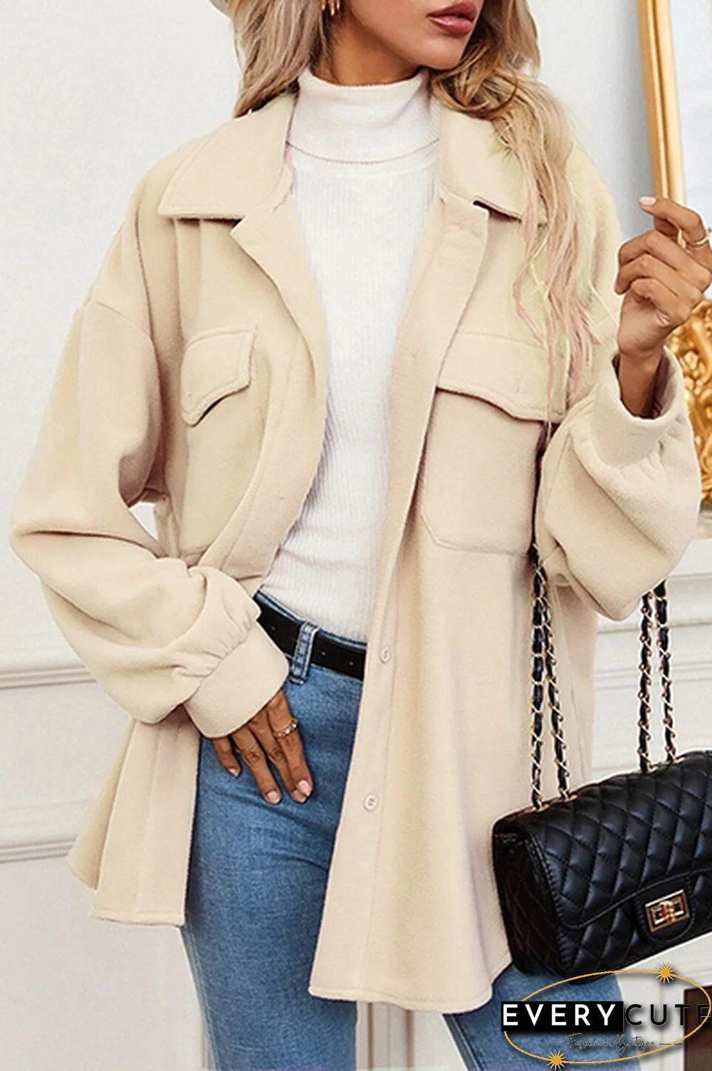 Elegant Solid Pocket Buckle Turndown Collar Outerwear