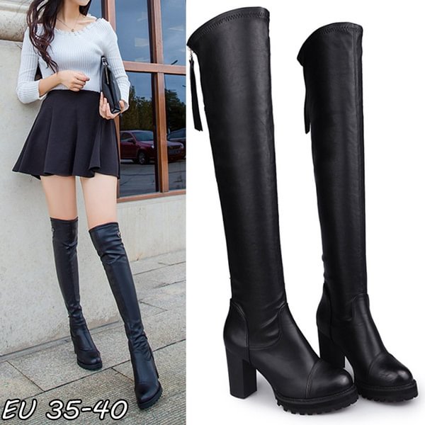 Women Over Knee Sexy High Boots PU Leather Shoes Platform Boot Chunky Mid Heel Long Boot Plus Size Fashion Footwear - Life is Beautiful for You - SheChoic