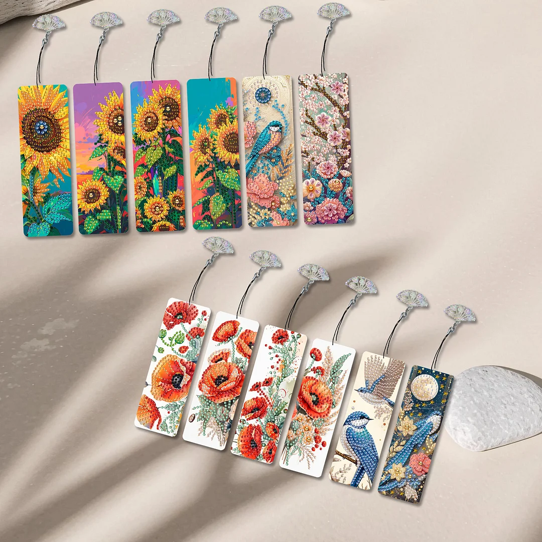12Pcs Flowers and Birds DIY Diamond Painting Bookmarks for Reading Enthusiasts