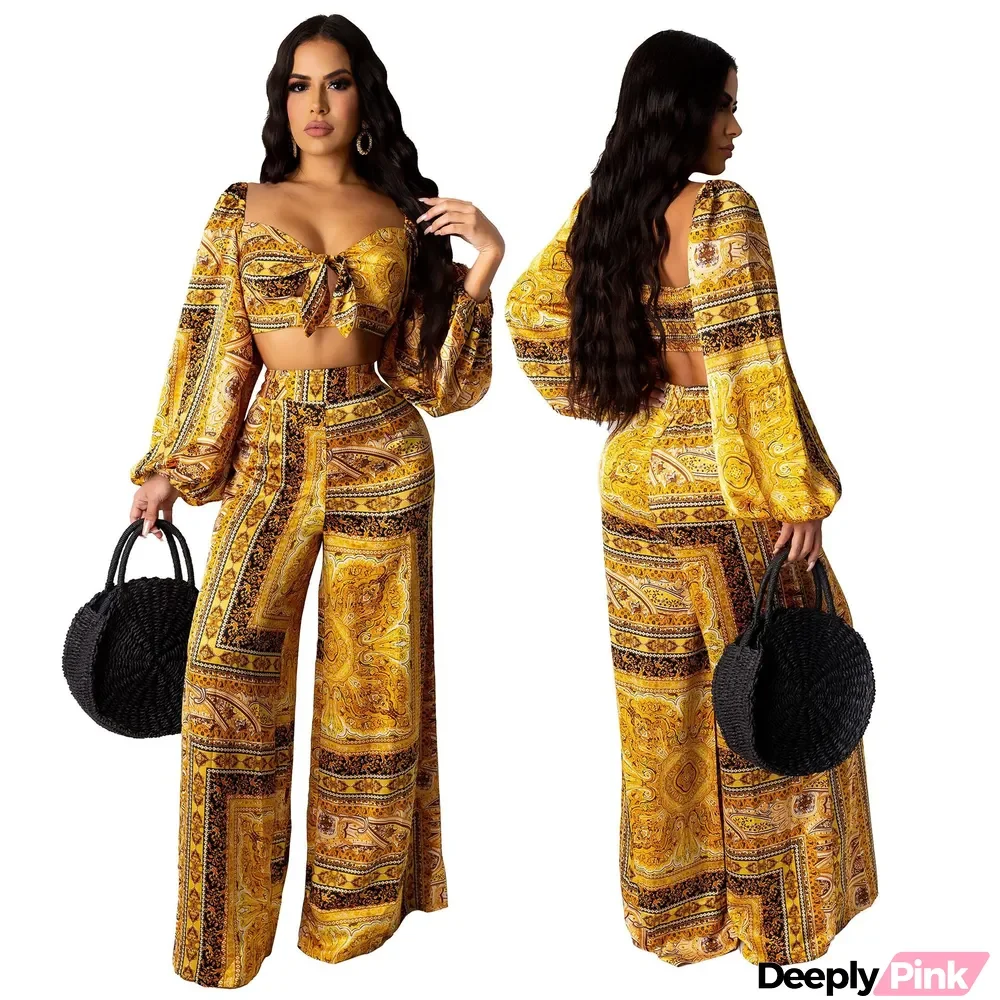 Hot Style Digital Print Long Sleeve Stitching Crop Top Pants Set