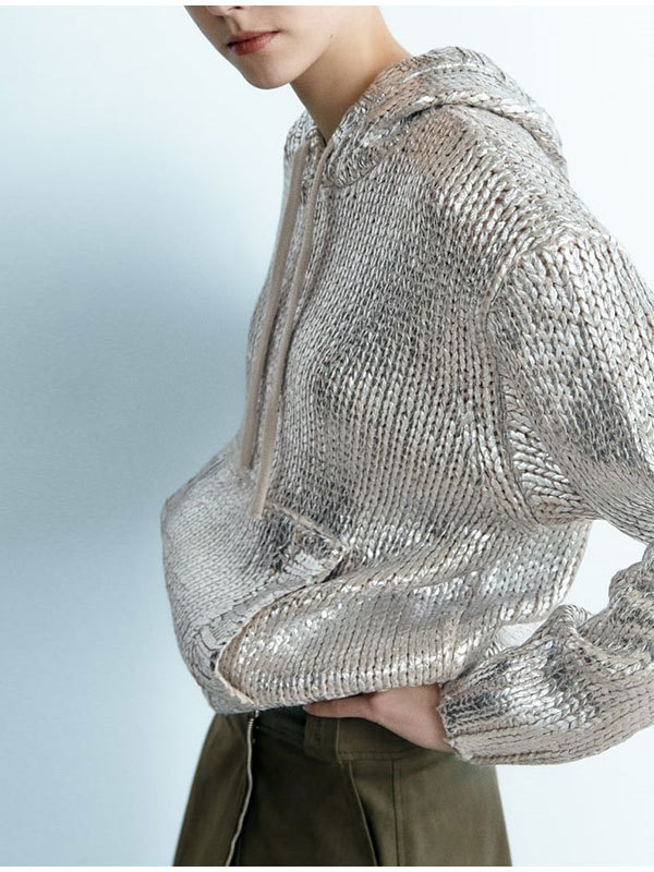 Unisex Silver Metal Rib Hooded Sweater