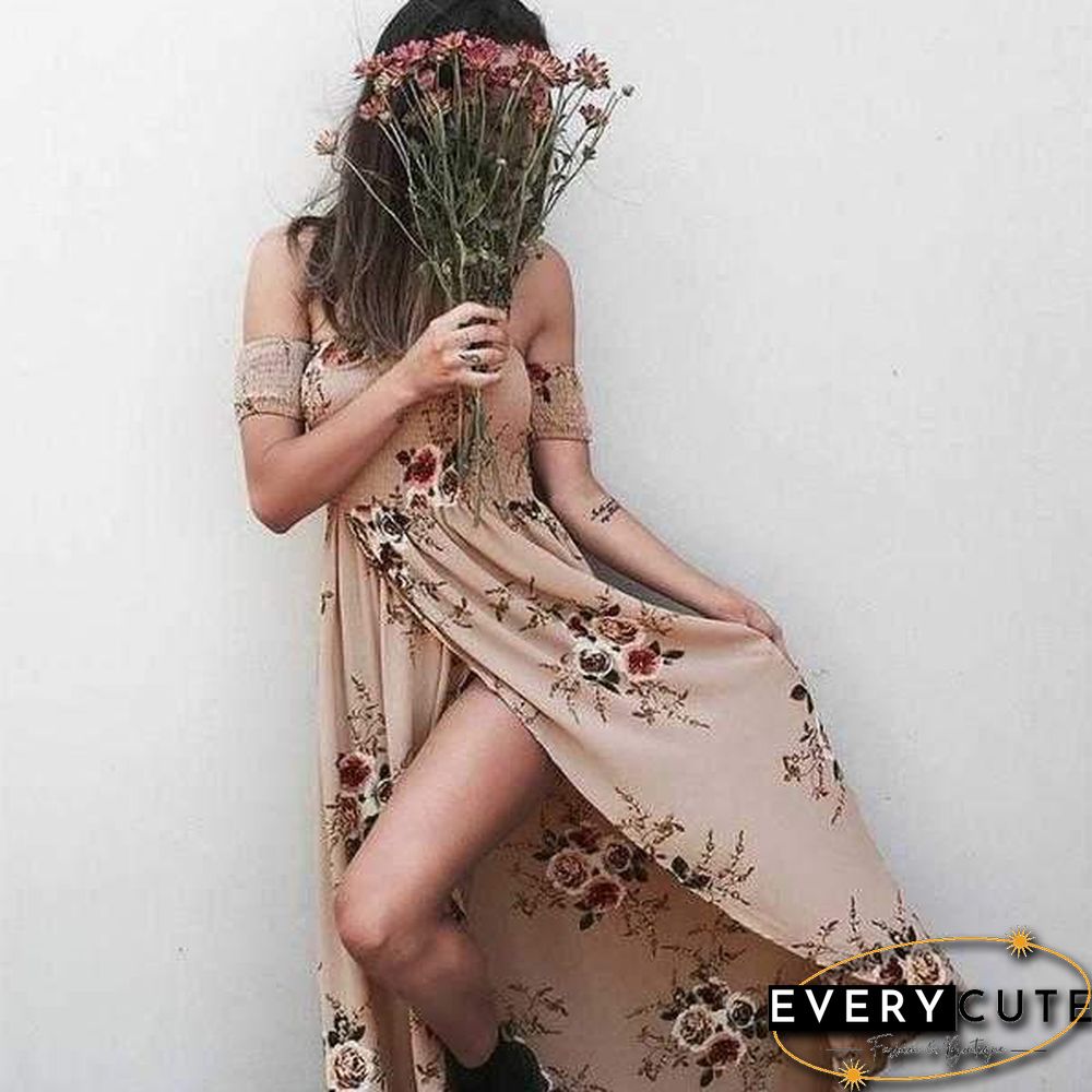 Off The Shoulder Maxi Slit Dress Boho Floral Prints