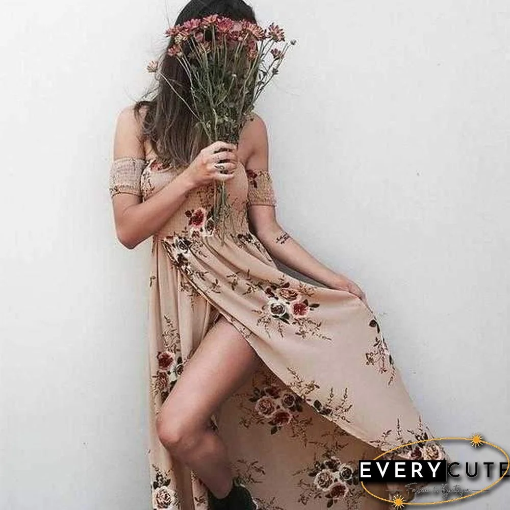 Off The Shoulder Maxi Slit Dress Boho Floral Prints