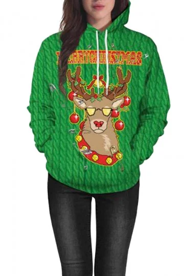 Drawstring Reindeer Xmas Hoodie Oliver Green-elleschic