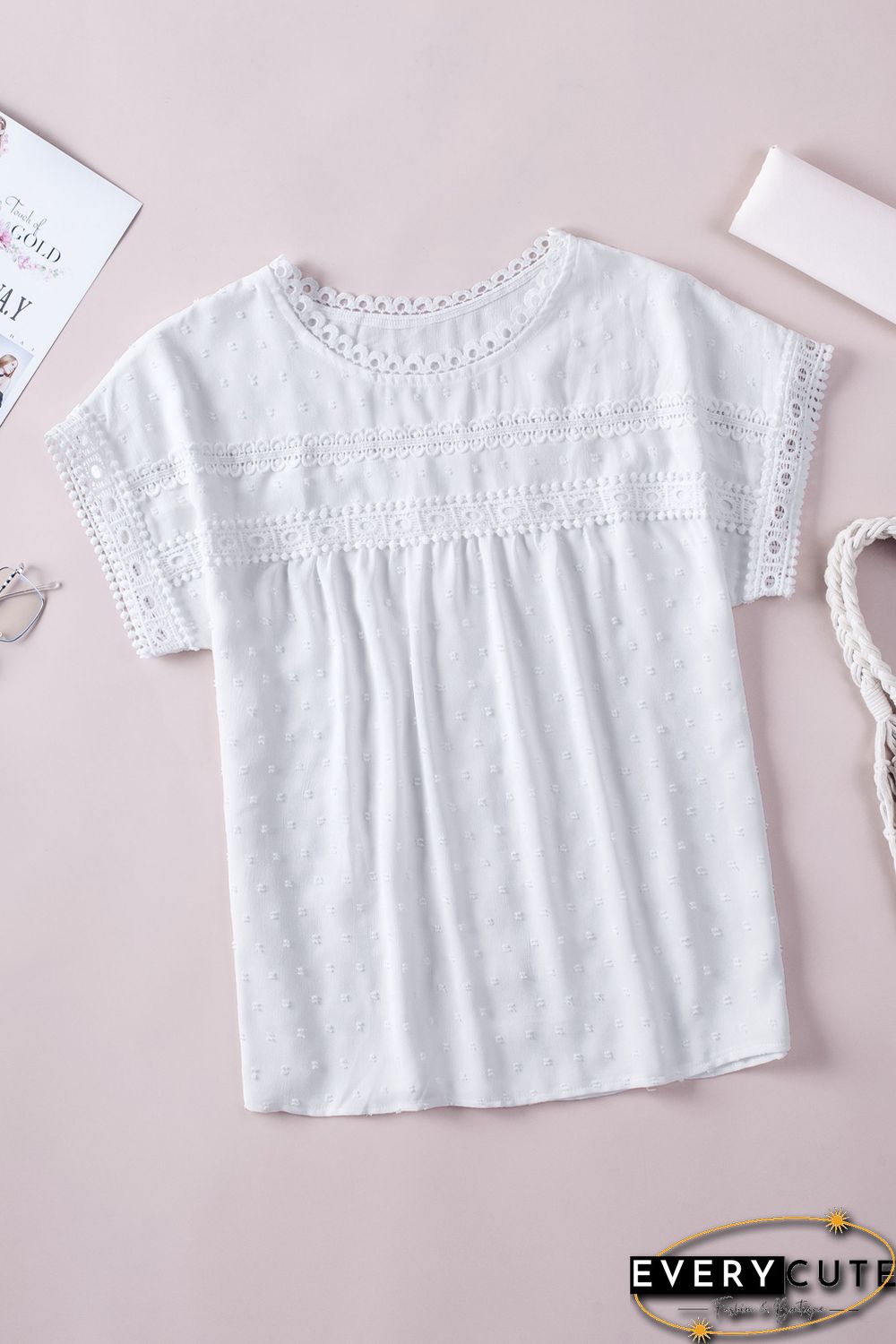 White Swiss Dot Lace Splicing Short Sleeve Top