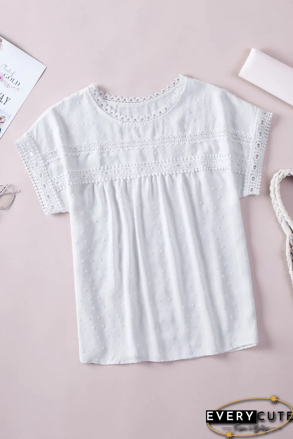 White Swiss Dot Lace Splicing Short Sleeve Top