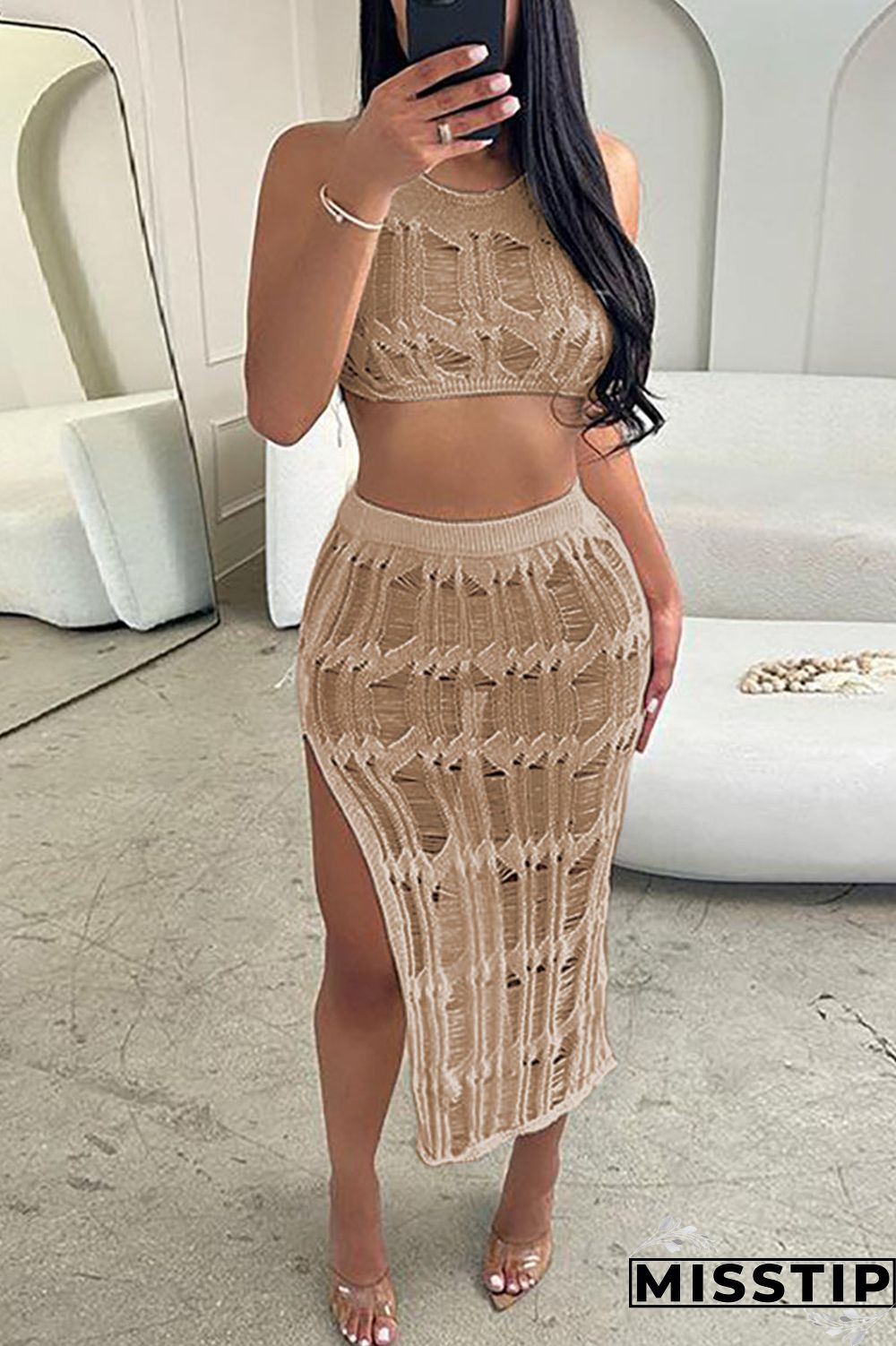 Khaki Sexy Solid Hollowed Out Patchwork Backless Slit Halter Sleeveless Two Pieces