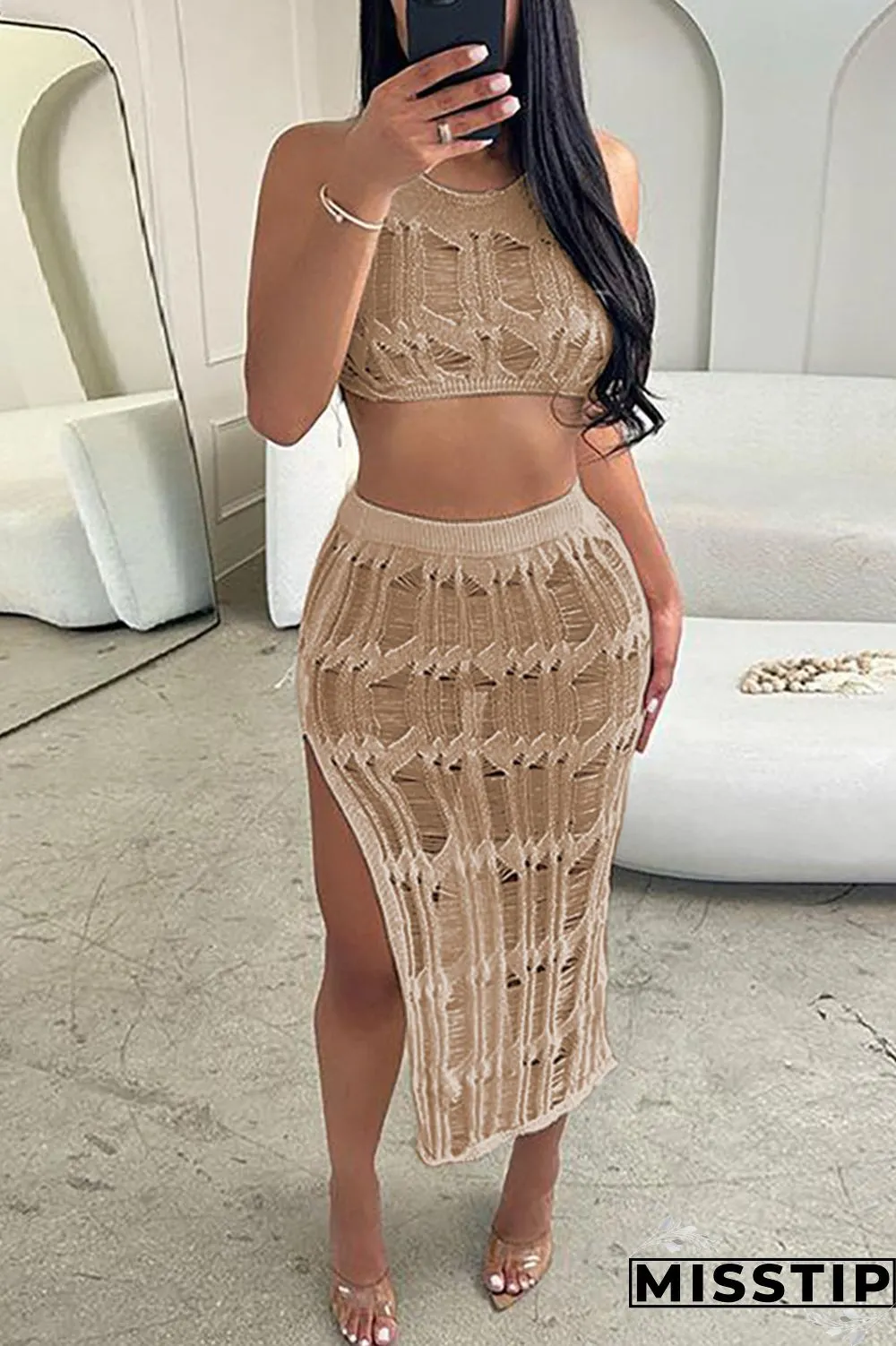 Khaki Sexy Solid Hollowed Out Patchwork Backless Slit Halter Sleeveless Two Pieces