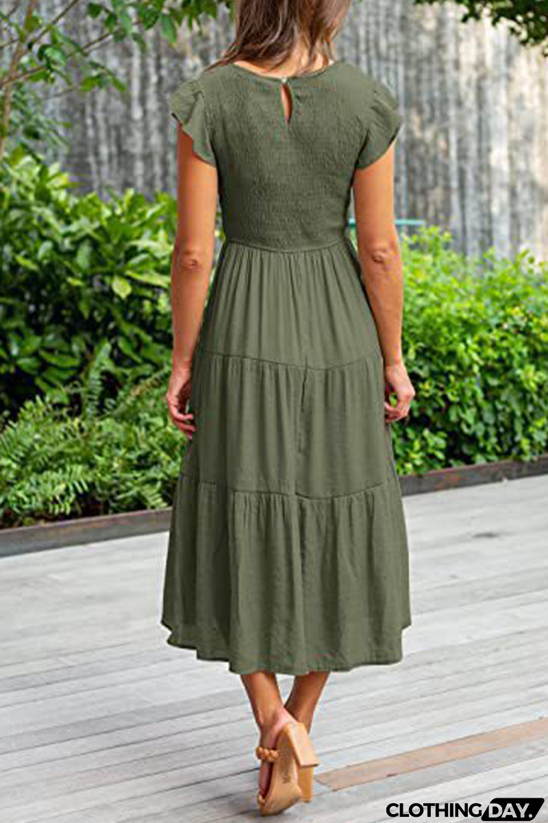 Fashion Solid Flounce O Neck Cake Skirt Dresses（9 colors）