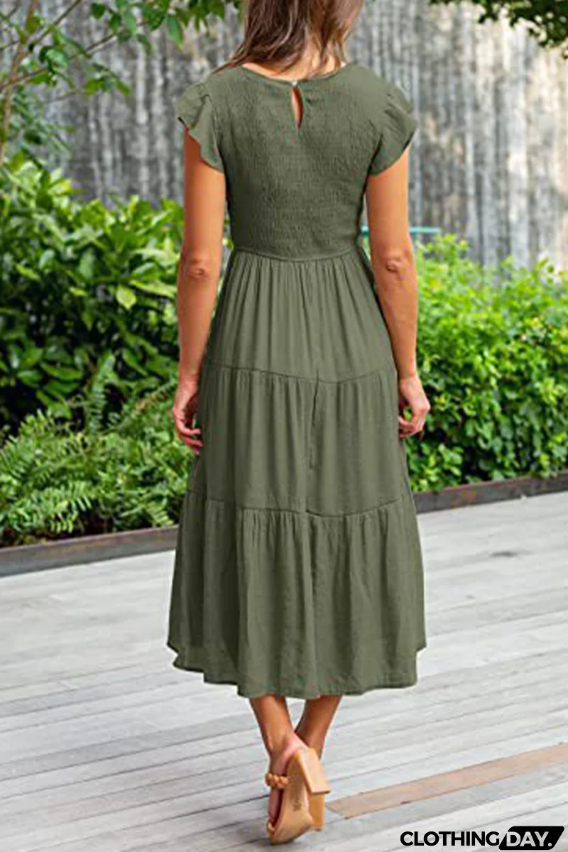 Fashion Solid Flounce O Neck Cake Skirt Dresses（9 colors）