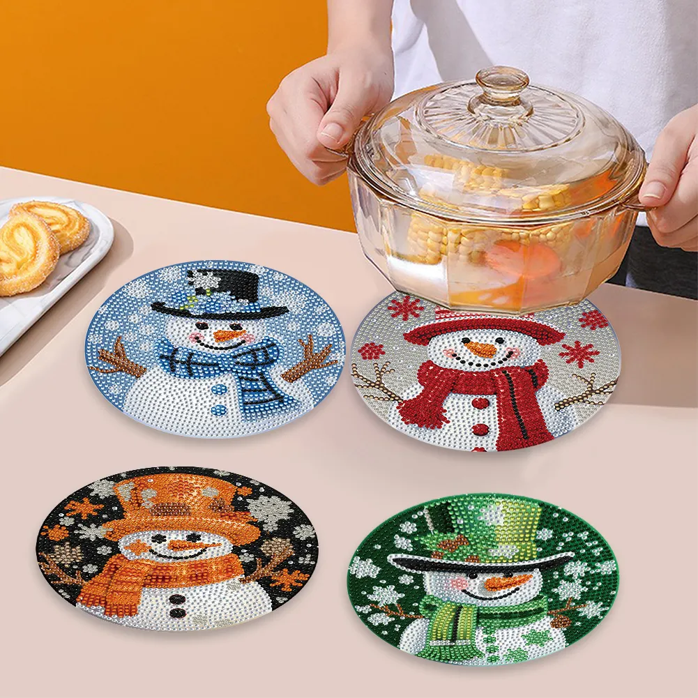 4pcs Snowman Diamond Art Coasters Kits for Home Party and Holiday Decorations