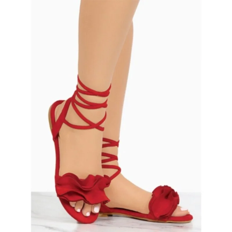 Women Solid Color Ruffles Round Toe Flat Heel Cross Tied Sandals Rome Shoes Sandals Summer Casual Shoes