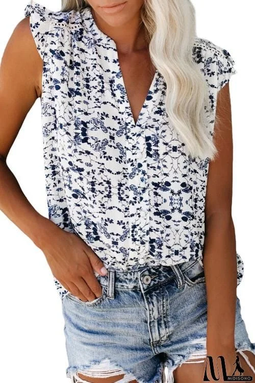 Ruffled Cap Sleeve Printed Split Neck Tank Top