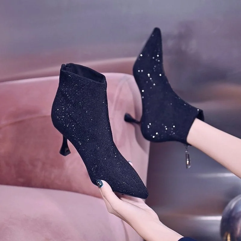 Winter Sexy Pointed Toe Women's Ankle Boots Rhinestone Modern Boots Women's Autumn High-heel Short Boots 2021 Thin Martn Boots