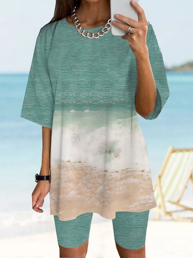 Wonderful ocean beach series Earth Day T-shirt pants two piece suit Beach Plus Size TW3- Fabulory
