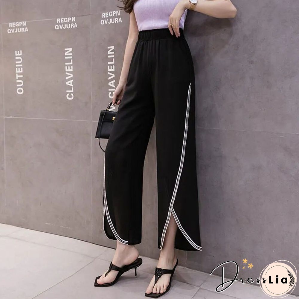 Fashion Chiffon Office Lady Split Wide Leg Pants Summer Women Loose Solid Casual Korean High Waist Elastic Y2k Pants New