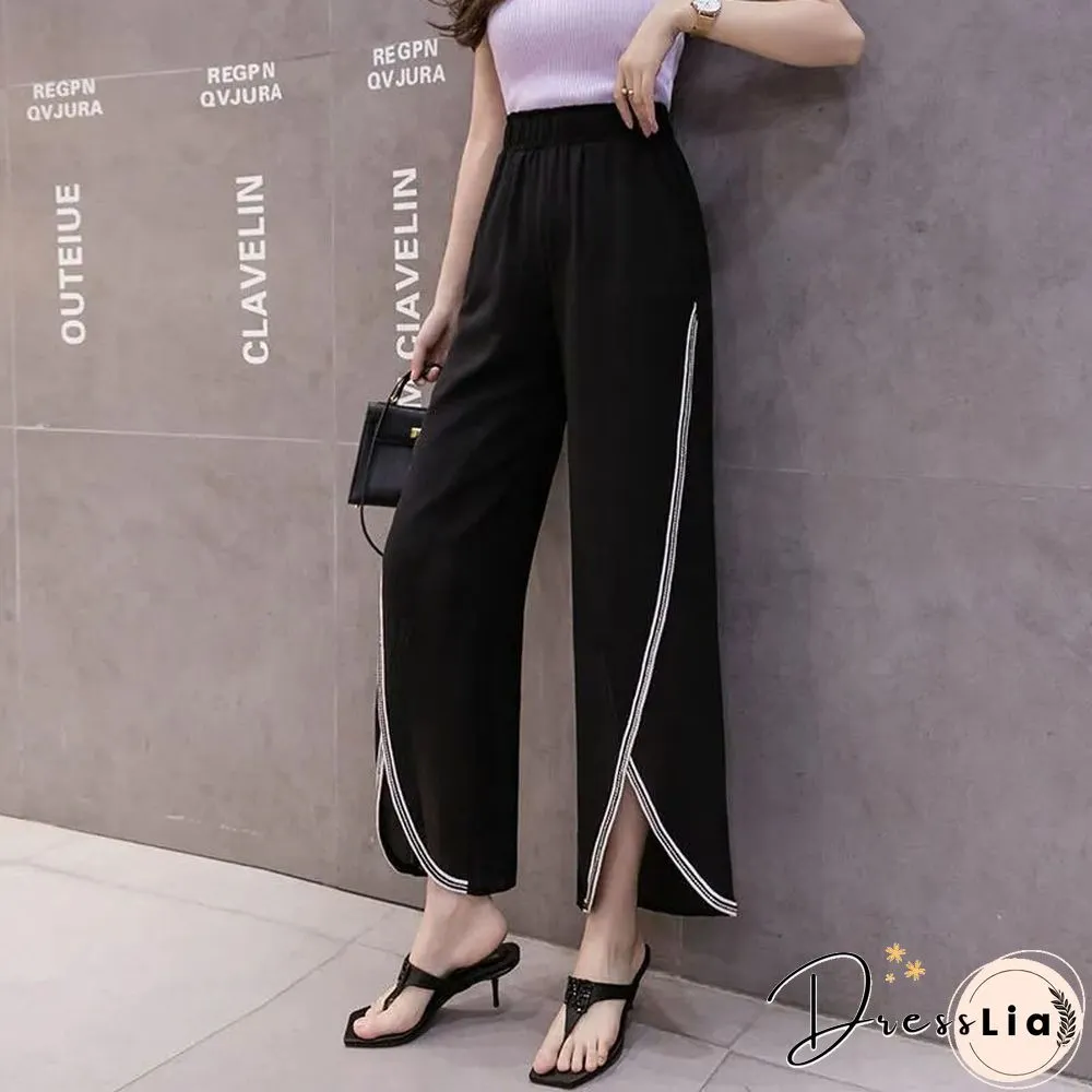 Fashion Chiffon Office Lady Split Wide Leg Pants Summer Women Loose Solid Casual Korean High Waist Elastic Y2k Pants New
