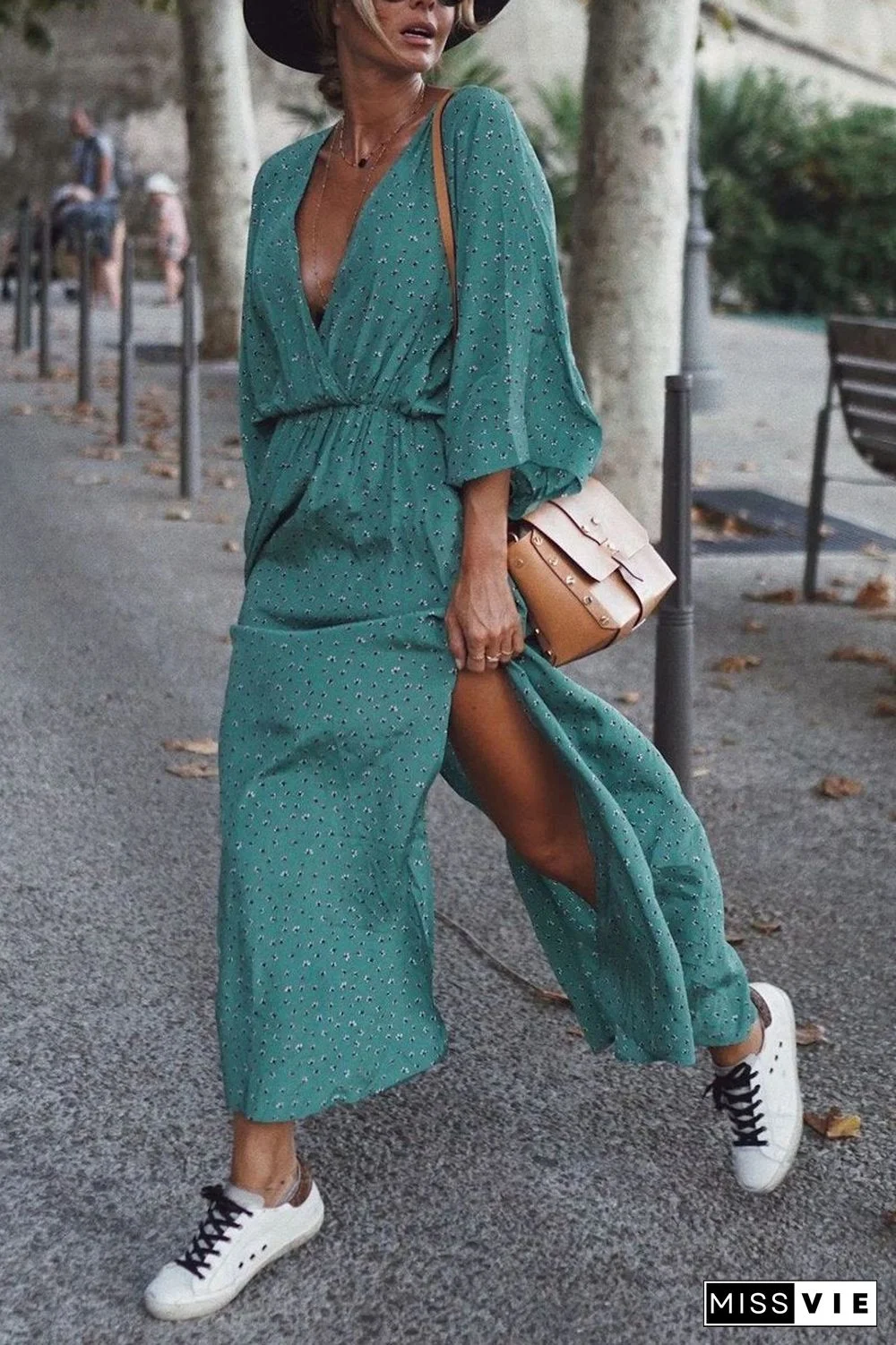 Elastic Waist High Slit V-Neck Dress