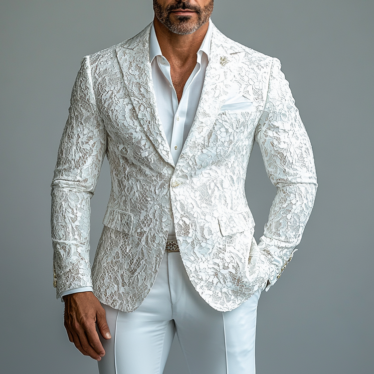Men's Lace Floral Peak Lapel One Button Long Sleeve Blazer