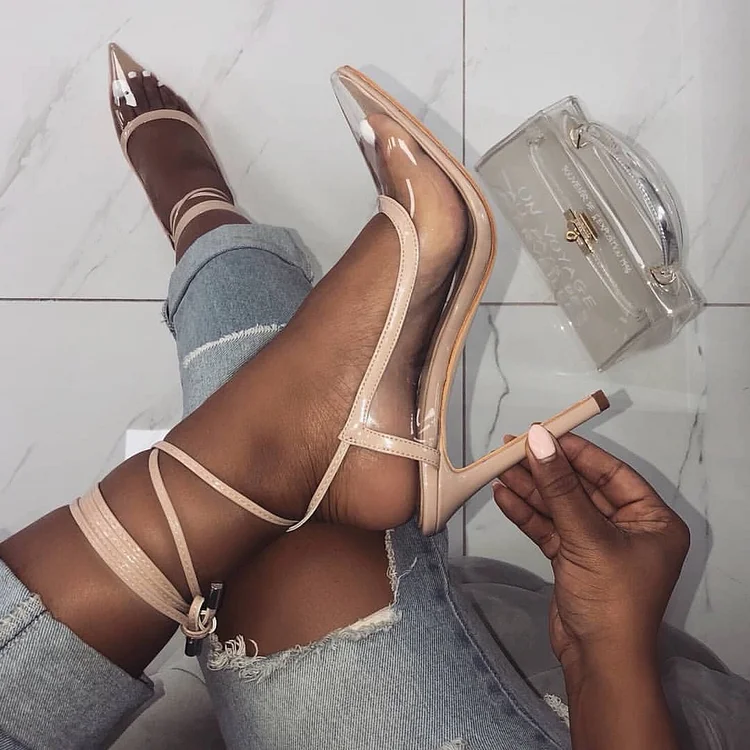 Clear Nude Pointy Toe Strappy Stilettos Pumps with Transparent Heels Vdcoo