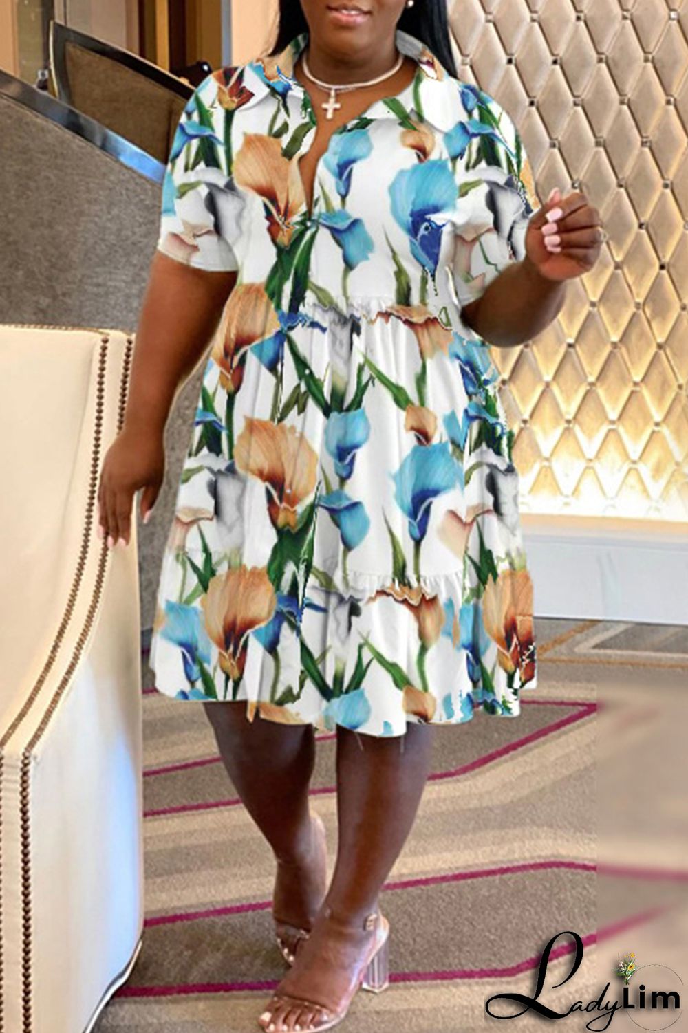 Purple Casual Print Patchwork Fold Turndown Collar A Line Plus Size Dresses