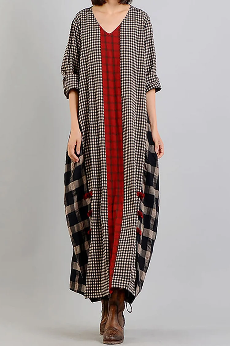 Cotton Linen V Neck Long Sleeve Patchwork Maxi Dresses [Pre Order]