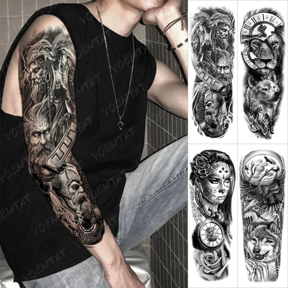 Large Arm Sleeve Tattoo Warrior Soldier Dragon Waterproof Temporary Tatto Sticker King Lion Universe Body Art Full Fake Tatoo