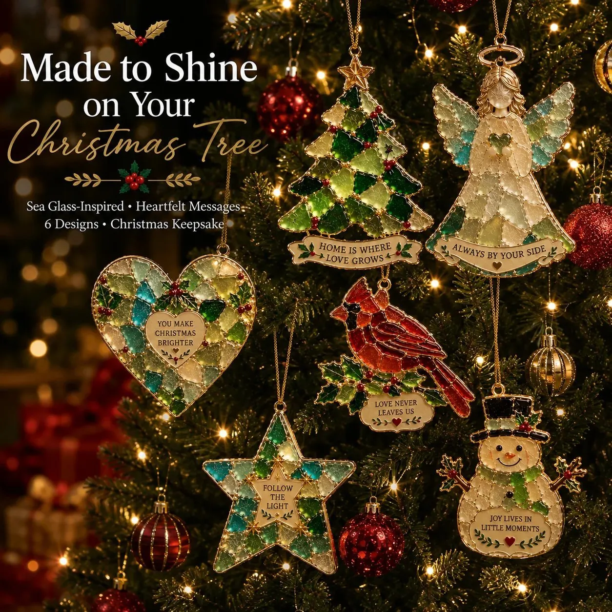 Six Sea Glass Inspired Christmas ornaments hanging on a Christmas tree
