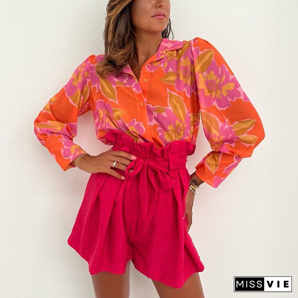 Women Elegant Long Sleeve Outifts Fashion Floral Print Lapel Button Tops&Solid Lace-up Shorts Set Autumn Casual High Street 2pcs