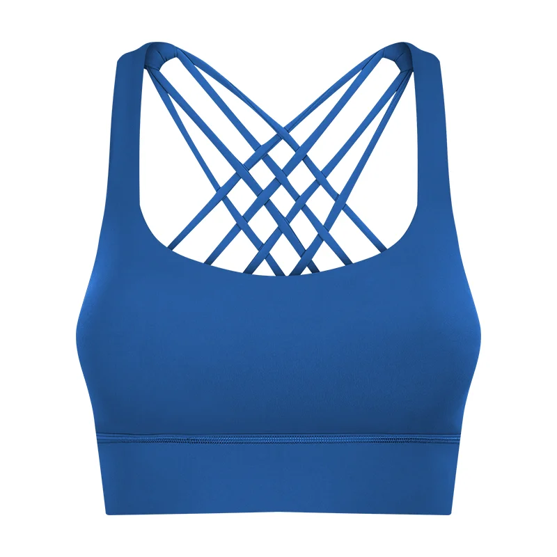 Types of widened hem klein blue back criss cross straps double sided brushed nylon toe dye shock absorber push up sports bra at a great price on Hergymclothing