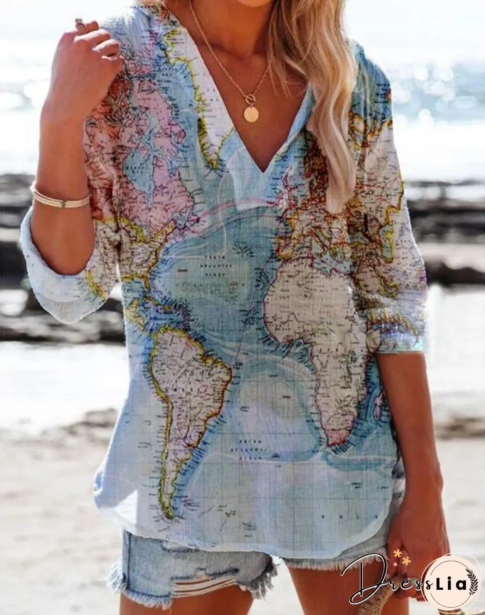 V Neck Map Printed Shirt