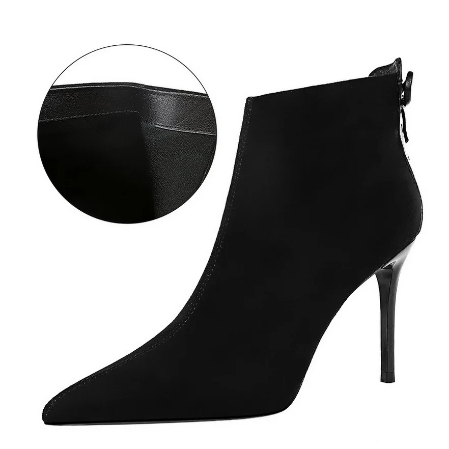Abebey Shoes Suede Women Boots Fashion Women Ankle Boots Pointed Toe High-heel Boots Sexy Black Short Boots Winter Shoes Warm