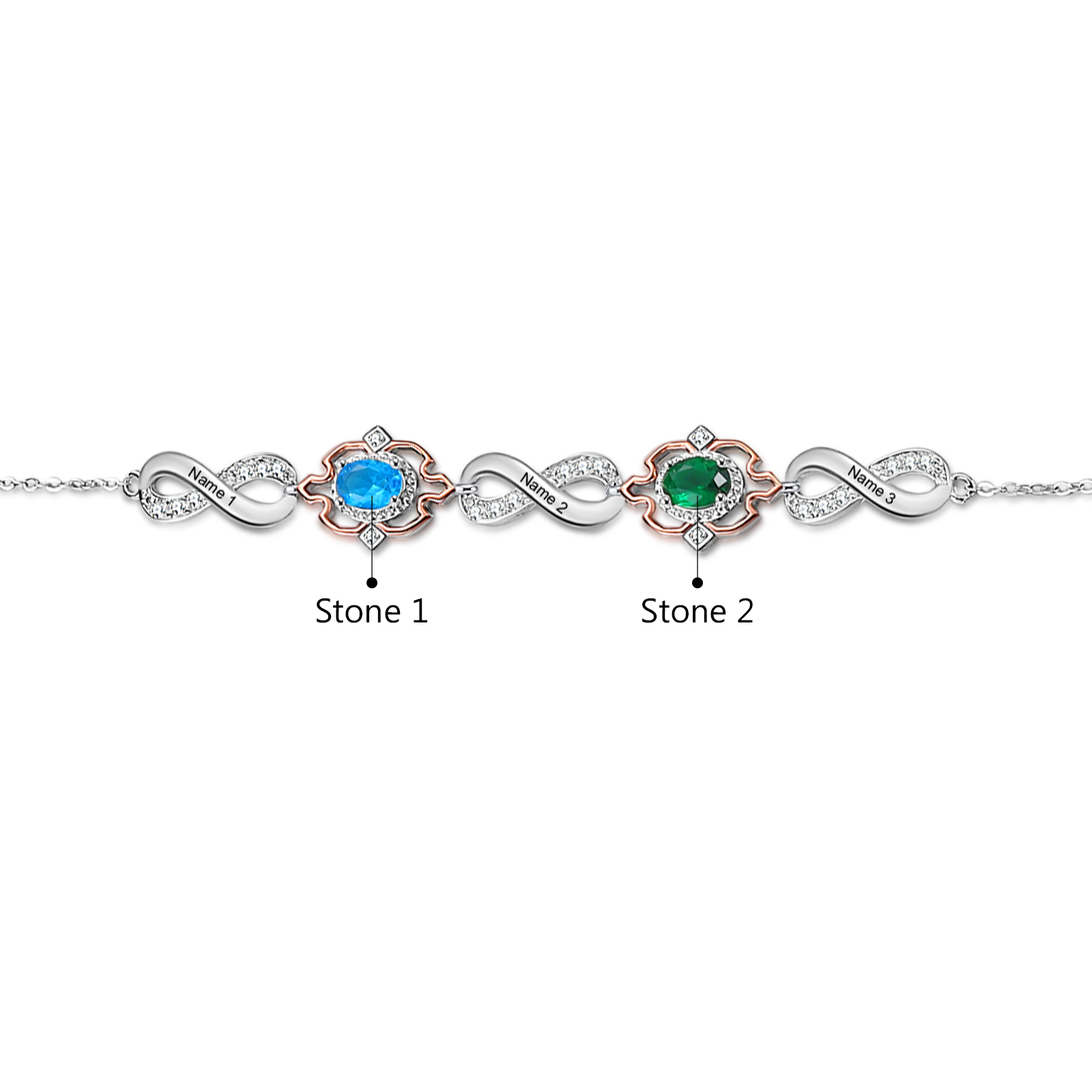 Braccialetto infinito personalizzato con 3 nomi e 2 pietre di nascita per donna