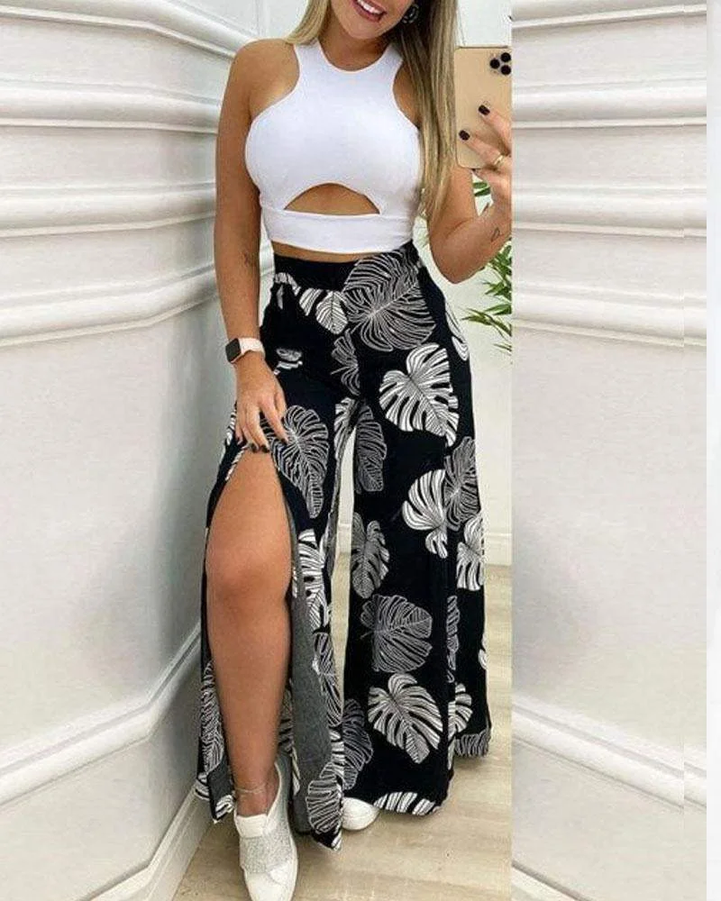 Sleeveless Top And Printed Trousers Two Piece Set