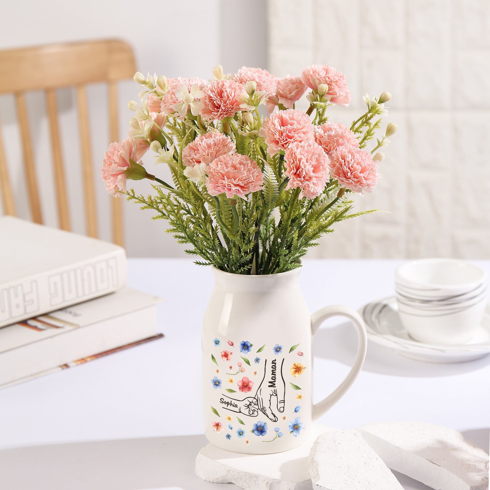 Vaso di ceramica con mano nella mano 2 nomi personalizzati per mamma/nonna
