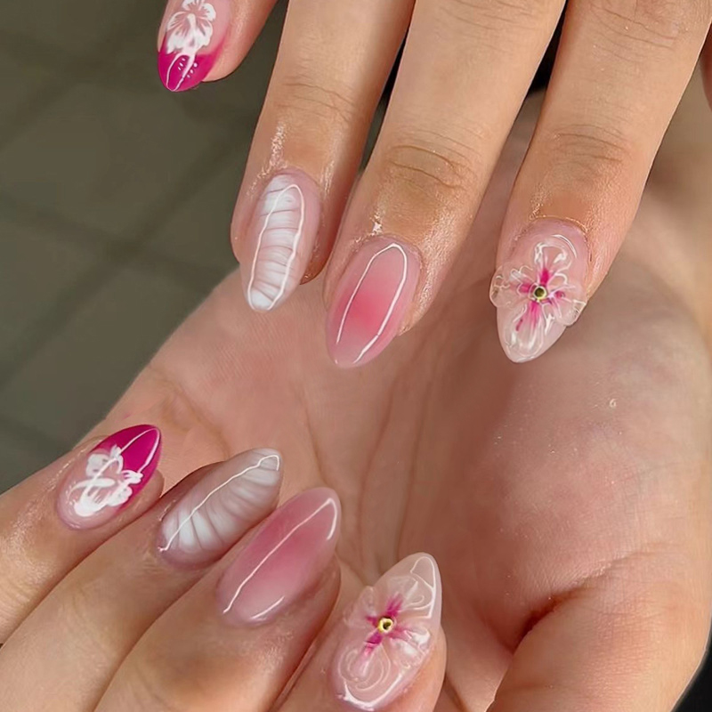 Qinice 24Pcs Sweet Short Almond French False Nails with Glue 3D Wave Nail Pattern Floral Pink Blush Press on Acrylic Nail Manicure Tips