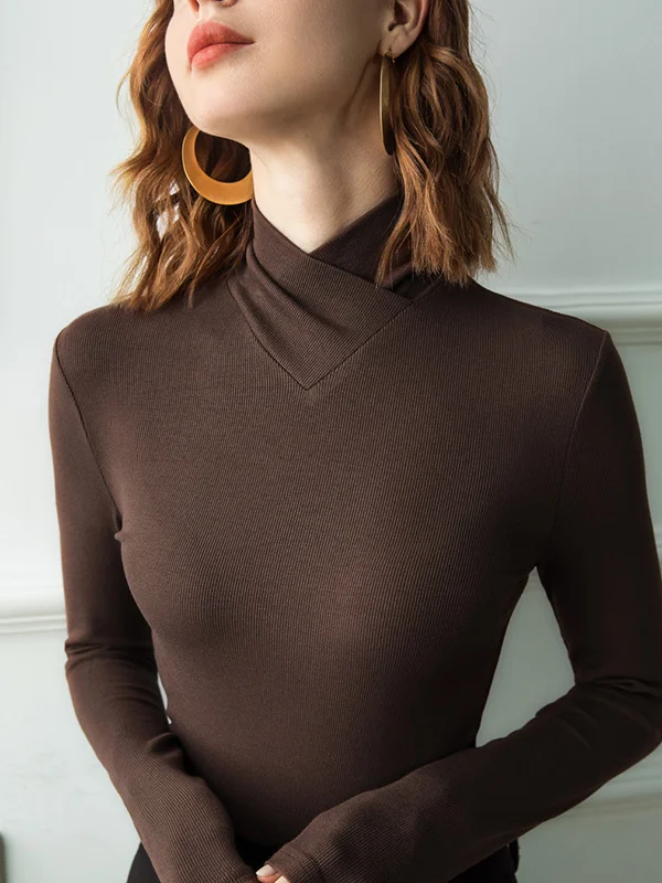 Simple Solid Color Stand Collar Long Sleeves T-Shirt