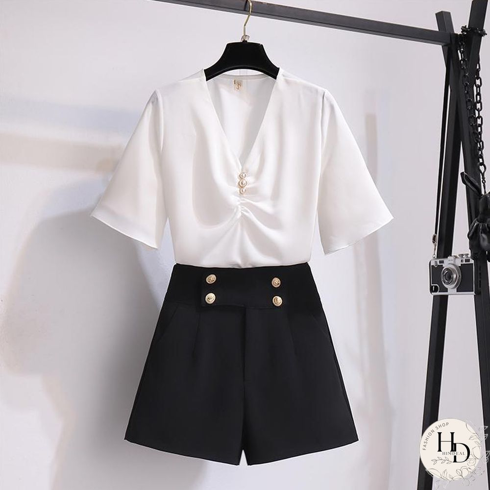 Chic V-Collar Tee+Button Shorts P10770