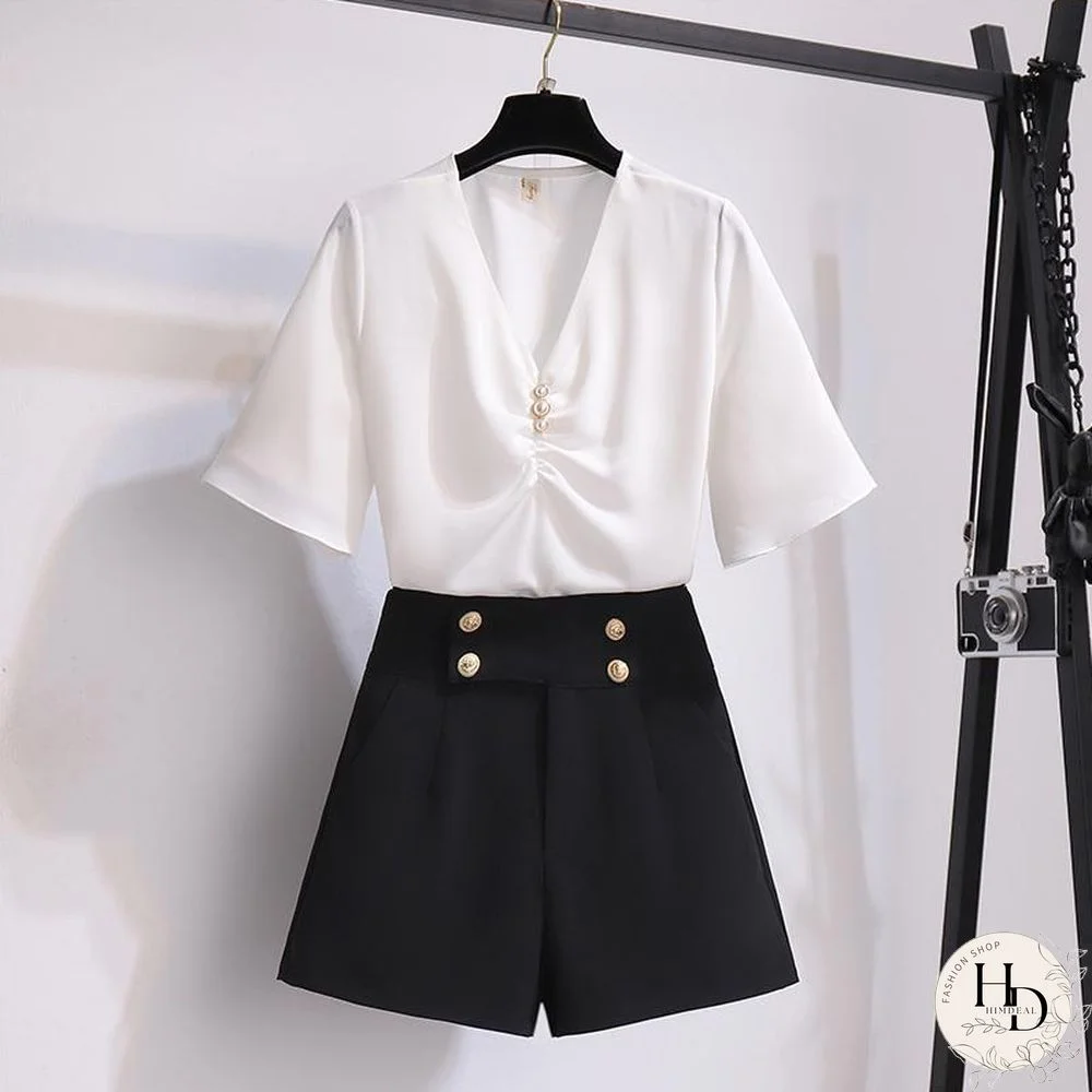 Chic V-Collar Tee+Button Shorts P10770