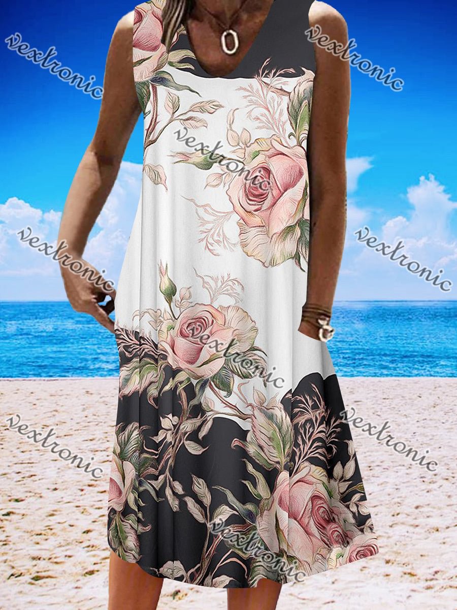Women's Black and White Sleeveless V-neck Graphic Floral Printed Midi Dress