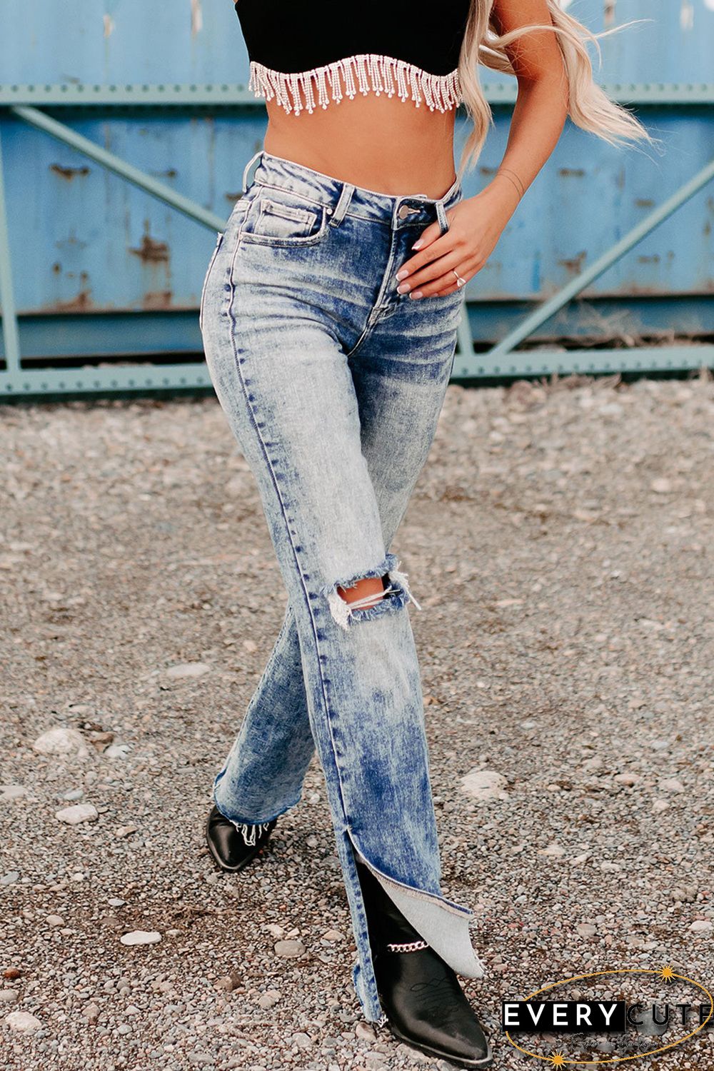 Sky Blue Vintage Distressed Split Hem Straight Leg Jeans