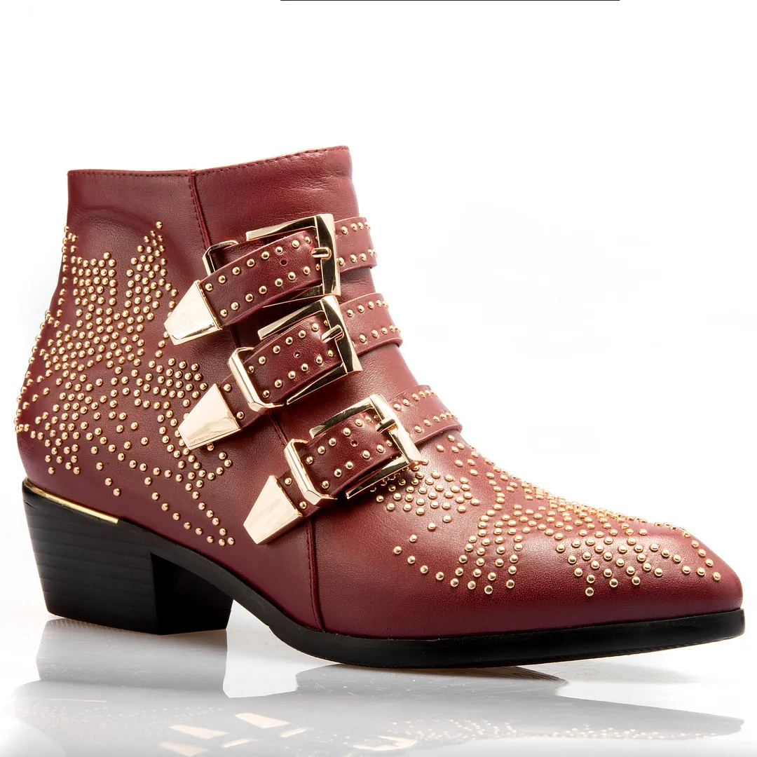 Women's Rivets Metal Buckle Low Heels Ankle Boots-vocosishoes