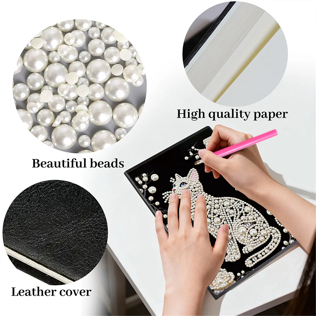 Flowers and Cat Partial Pearl DIY 50 Pages A5 Diamond Painting Notebook Special Shaped Diamond Art Diary Book Kits Wireless Strip 5D Crystal Art Paintings Sketchbook for Art Drawing